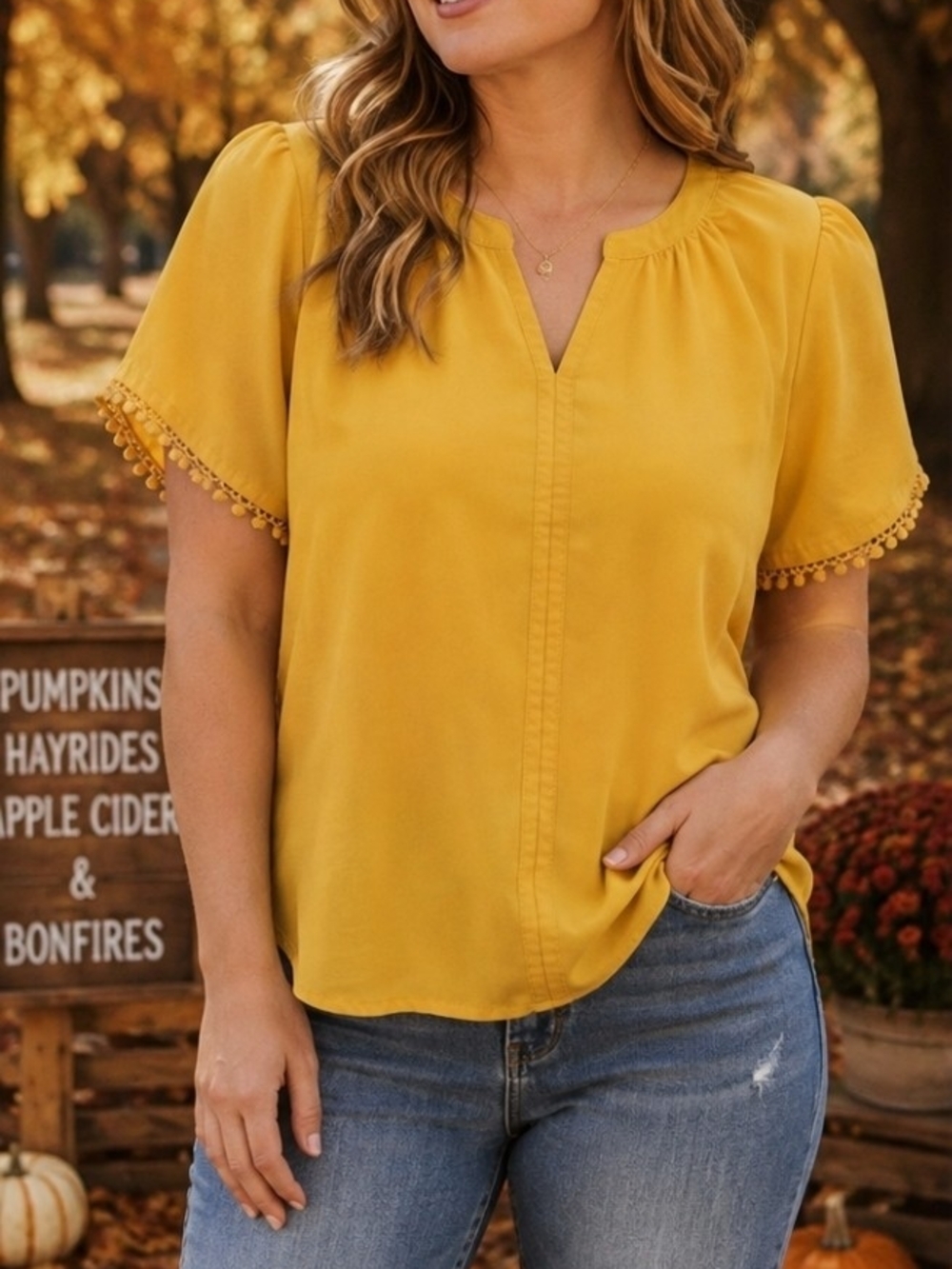 Beautiful Yellow Short Sleeve V-Neck Blouse
